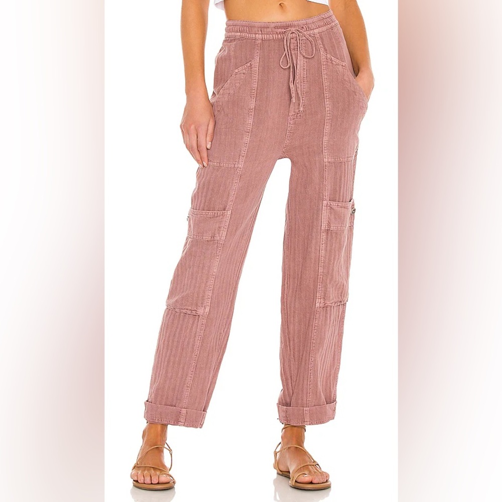 Free People Dusty Rose Linen Cargo Pants XS | Washed Utility Drawstring Waist